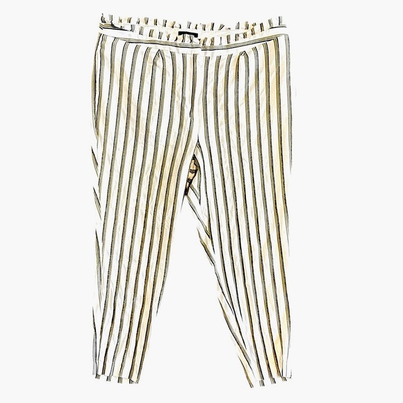 Express Pants - EXPRESS white high paperbag waist olive green pinstriped ankle pants sz 18 NWOT!
